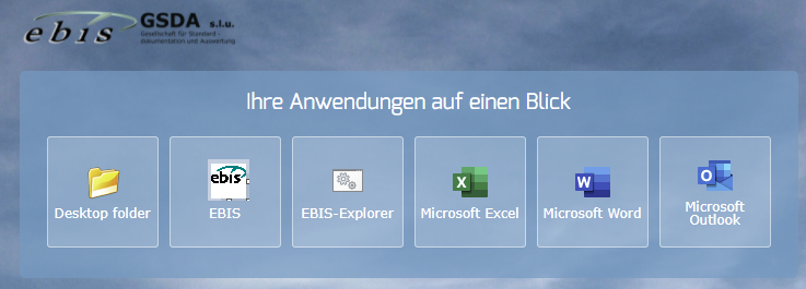 EBIS Cloud Plus Startseite mit Icons für Desktop, Excel, Word, Outlook und EBIS