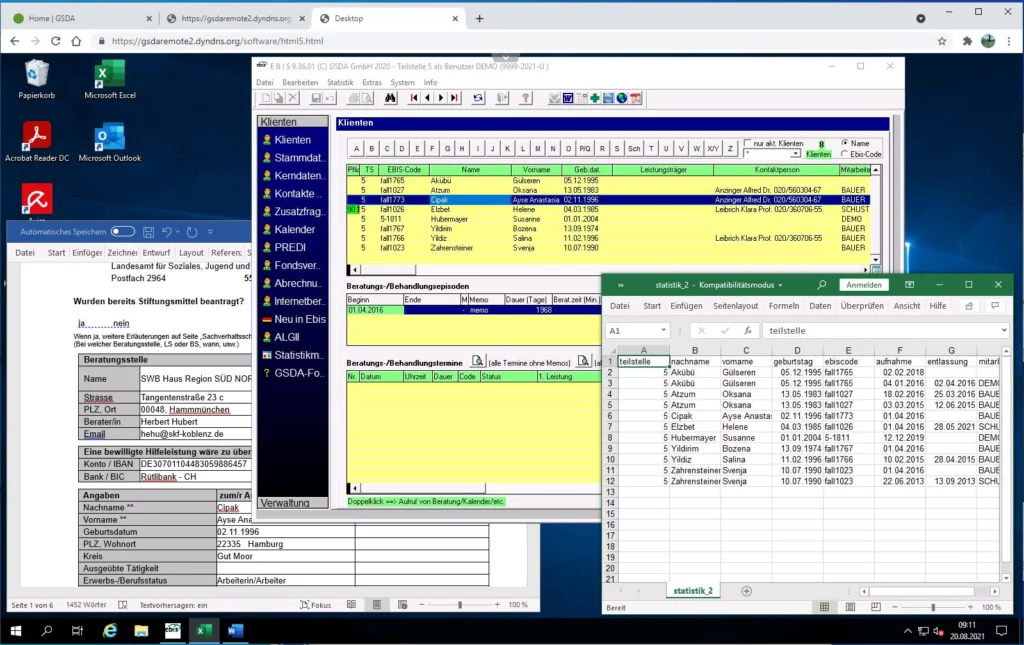 Screenshot von EBIS Cloud Plus mit geöffnetem EBIS, Word und Excel Dateien, funktioniert auch mit Dedicated Server