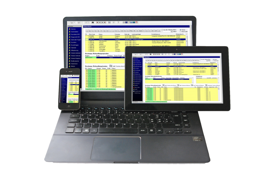 EBIS Klientenübersicht auf Laptop, Tablet und Handy