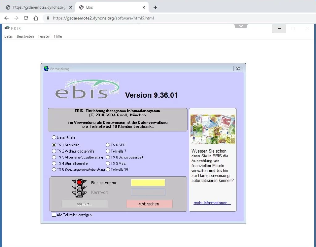 EBIS Startmaske auf EBIS Cloud Plus